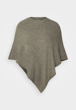 Soft knit poncho in muted olive green with a round neckline and asymmetrical hem draping over shoulders.