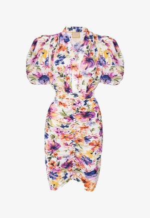 Robe florale avec manches bouffantes, présentant une base blanche, un motif de fleurs colorées en violet, orange et jaune, et un design froncé avec des détails en boutons.