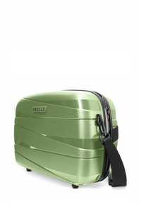 Compact groene hard-shell reistas met zwarte rits en afneembare schouderriem, met het merk "REDOLZ" op de zijkant.