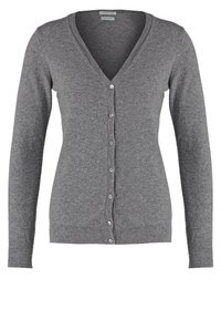 Grå ullkofta med V-ringning, långa ärmar och sex framknappningar. Ribbad nederkant och ärmslut. Slät textur med subtil lyster.