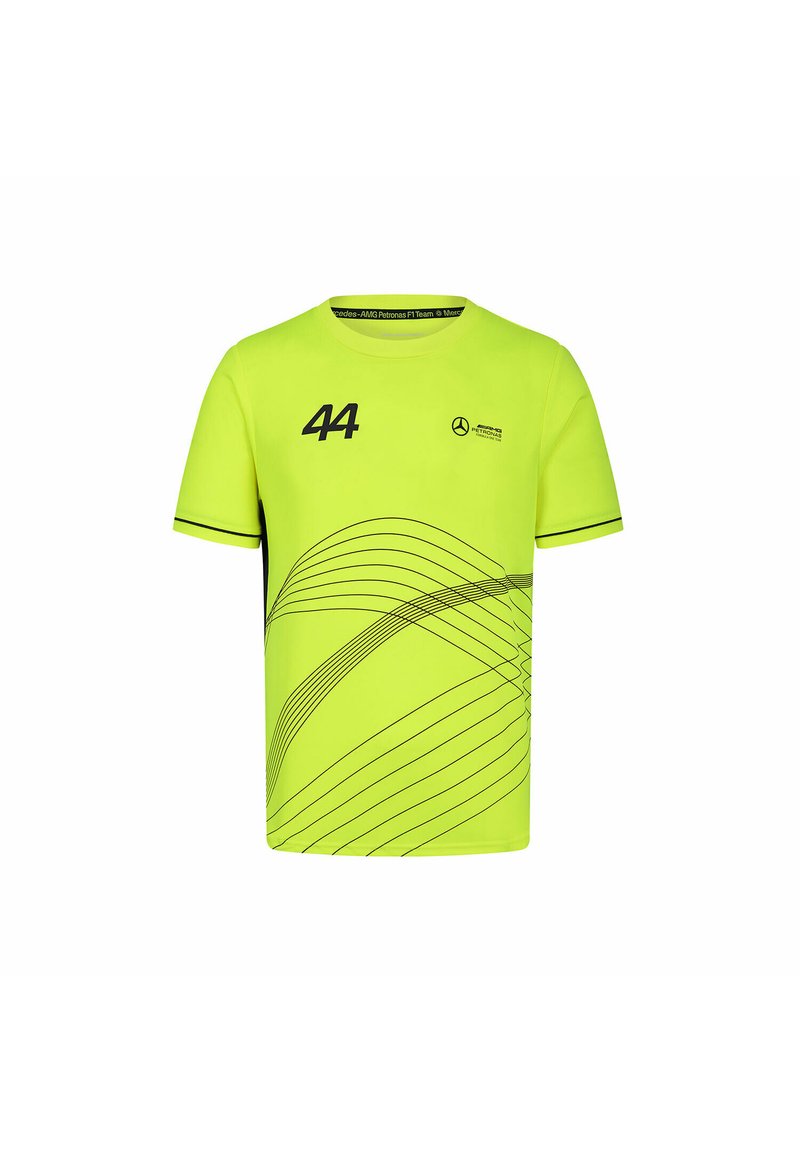 Neon żółta koszulka z krótkim rękawem, z czarnym numerem "44" oraz abstrakcyjnymi wzorami linii. Logo nadrukowane na klatce piersiowej.