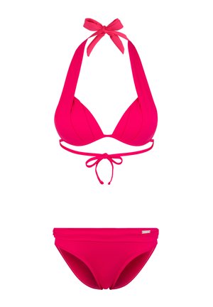 Rosa Bikini-Set mit einem Haltertop mit Bindeband und verstellbaren Trägern sowie passenden tief sitzenden Unterteilen, glatte Textur.