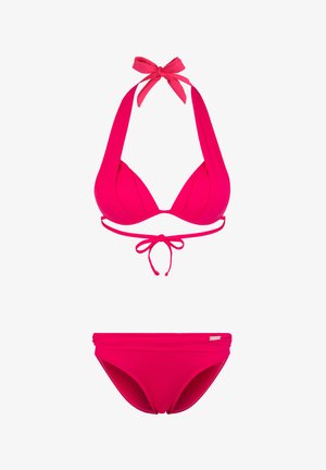 Pink bikini set featuring a halter-neck top with tie closure and adjustable straps, and matching low-rise bottoms, smooth texture.