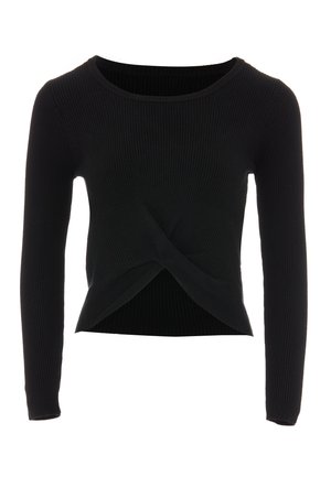 Top lung cu maneci lungi, negru, cu detaliu împletit la față. Dispune de un decolteu rotund și o siluetă ajustată. Fabricat dintr-un material moale, texturat.