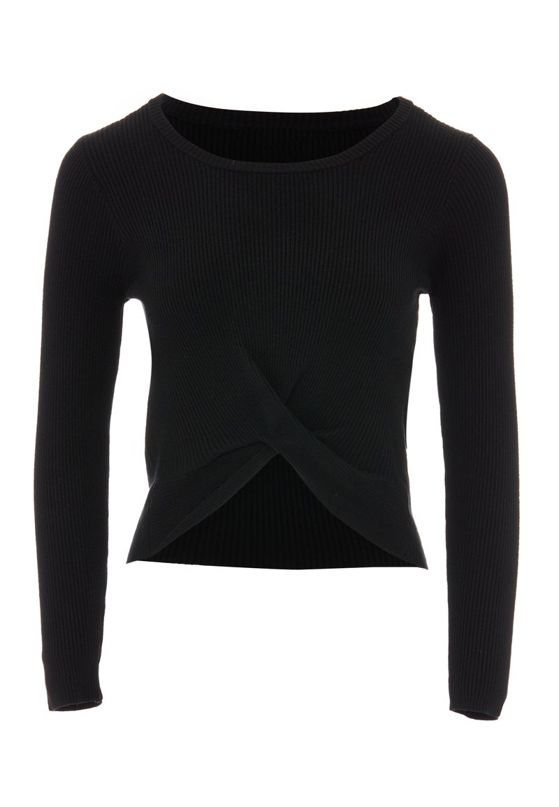 Schwarzes langärmliges Top mit geripptem Design und Twist-Front-Detail. Hat einen runden Ausschnitt und eine figurbetonte Silhouette. Hergestellt aus einem weichen, strukturierten Stoff.