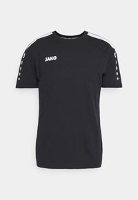 Zwart T-shirt met korte mouwen van katoen met een ronde hals. Beschikt over witte accenten op de schouders en het logo "JAKO" aan de voorkant.