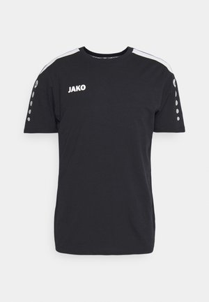 Black short-sleeve t-shirt made of cotton with a round neck. Features white accents on the shoulders and logo "JAKO" on the front.