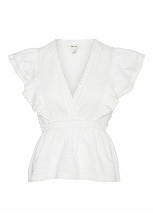 Haut péplum blanc avec des manches courtes à volants, décolleté en V, tissu texturé et taille élastiquée. Présente une garniture décorative le long de l'encolure.