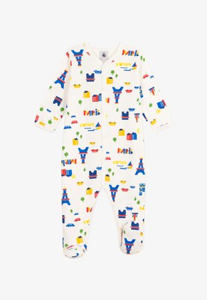 Tutina bianca a maniche lunghe con vivaci motivi dei luoghi iconici di Parigi, automobili, case e alberi. Include chiusure a pressione.