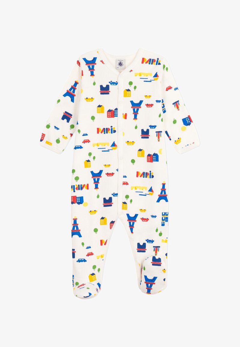 Tutina bianca a maniche lunghe con vivaci motivi dei luoghi iconici di Parigi, automobili, case e alberi. Include chiusure a pressione.