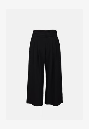 Zwarte wijde broek met een geraffineerde elastische tailleband, voorzien van plooien en een soepele, lichte stof. Geen zichtbare patronen of accenten.