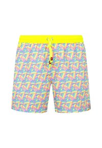 Maillots de bain en jaune vif, ornés d'un motif géométrique de formes roses, bleues et vertes. Taille élastique avec un cordon de serrage.