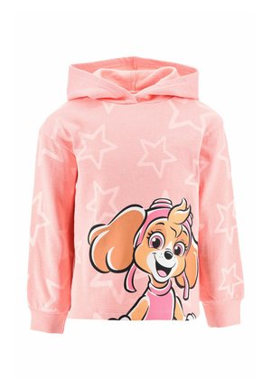Rosa Kinderhoodie mit hellen Sternmustern und einem Comic-Hund mit rosa Hut und Outfit auf der Vorderseite.