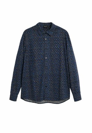 Tamsiai mėlyna ilgomis rankovėmis marškiniai su mėlynos ir pilkos spalvų geometriniu raštu. Minkšta medžiaga, klasikinė apykaklė ir tiesi apačia.