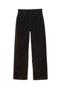 Mustat leveät housut pehmeästä kankaasta, jossa on naru vyötäröllä ja minimalistinen muotoilu ilman näkyviä kuvioita tai yksityiskohtia.