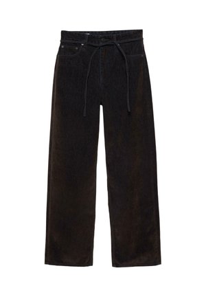 Čierne široké nohavice vyrobené z mäkkého materiálu, s elastickým pásom na šnúrku a minimalistickým dizajnom bez viditeľných vzorov alebo akcentov.