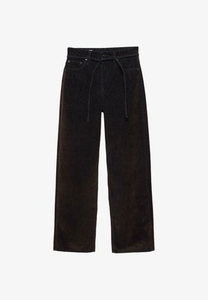 Pantaloni negri cu picioare largi, dintr-un material moale, având un brâu cu șnur și un design minimalist, fără modele sau accente vizibile.