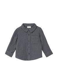Graues Langarmshirt aus strukturiertem Stoff mit knöpfbarem Frontverschluss, Kragen und einer Brusttasche mit passenden Knöpfen.