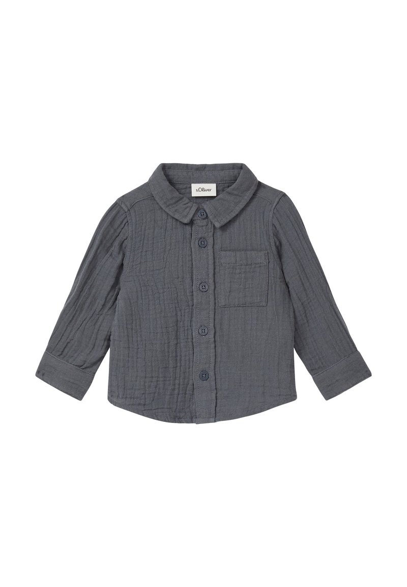 Graues Langarmshirt aus strukturiertem Stoff mit knöpfbarem Frontverschluss, Kragen und einer Brusttasche mit passenden Knöpfen.