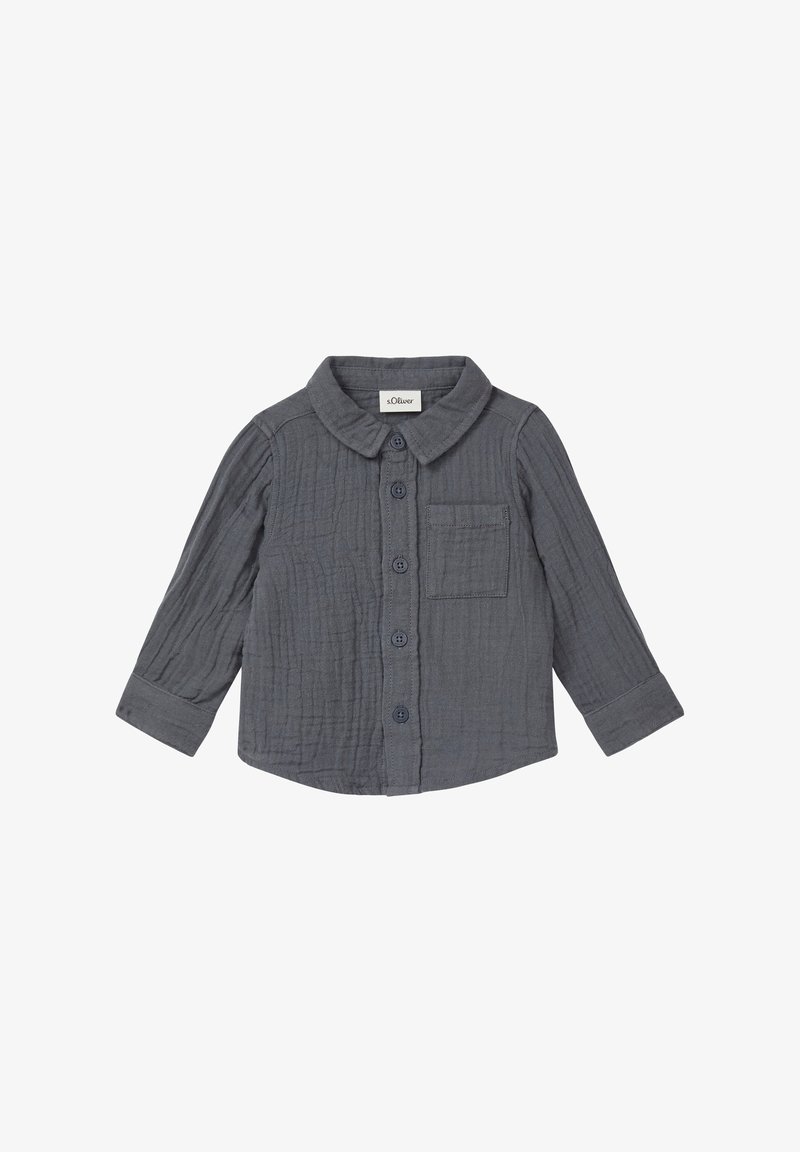 Gray long-sleeve shirt made of textured fabric, featuring a button-down front, collar, and a chest pocket with matching buttons.