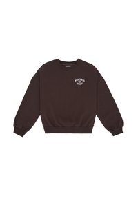 Felpa in cotone marrone con maniche lunghe, polsini a coste e scollatura rotonda. Presenta un logo bianco sul petto. Tessuto morbido e texture.