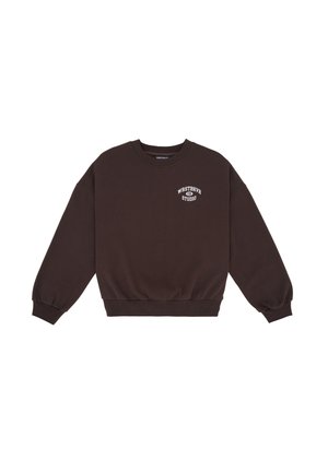 Bruine katoenen sweatshirt met lange mouwen, geribbelde manchetten en een ronde hals. Heeft een wit logo op de borst. Zacht, textuurstof.