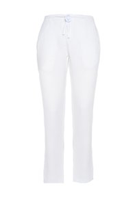 Witte linnen broek met een ontspannen pasvorm, elastische tailleband en trekkoord. Voorzien van twee zijzakken en een recht model.