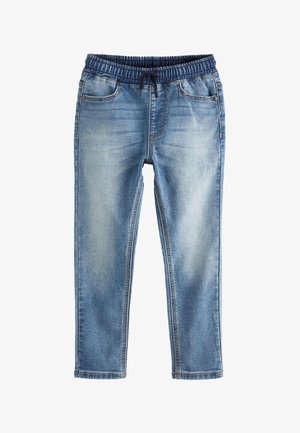 Lichtblauwe denim jeans met elastische tailleband en trekkoord, vervaagde details, voorzakken en rechte pijpen.
