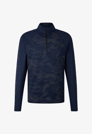 Donkerblauwe quarter-zip pullover gemaakt van gestructureerde stof, met een camouflagepatroon, lange mouwen en contrasterende stiksels bij de schoudernaden.