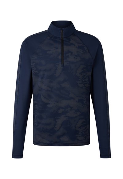 Marineblauer Pullover mit Reißverschluss bis zur Brust, gefertigt aus strukturiertem Stoff, mit Tarnmuster, langen Ärmeln und Kontrastnähten an den Schulternähten.