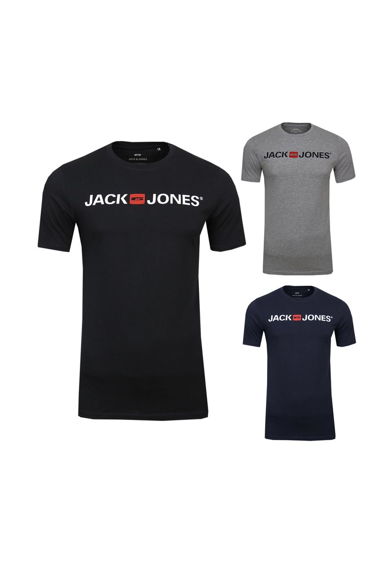 Drei T-Shirts: eines schwarz, eines grau und eines marineblau, alle mit einem weißen Logo-Text. Hergestellt aus Baumwolle, mit kurzen Ärmeln und Rundhalsausschnitten.