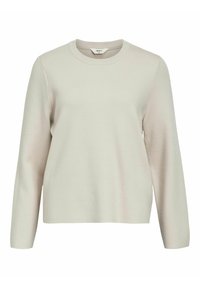 Pull long beige clair à manches longues avec un col rond côtelé. Fabriqué en tissu texturé et doux, avec une coupe droite et sans motifs visibles.