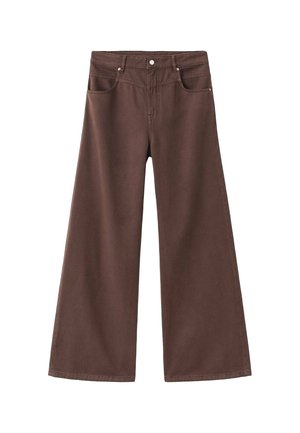 Brown wide-leg jeans made of denim. Features five pockets, a zip fly, and metal rivets. Smooth texture and classic design.