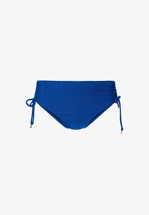 Slip bikini blu con motivo diagonale testurizzato. Presenta laccetti laterali regolabili e dettagli dorati. Offre un design a vita alta.