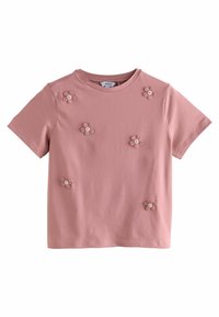 Rosa Kurzarm-T-Shirt aus Baumwollmischung, mit bestickten Blumenakzenten und Edelsteinmitten. Rundhalsausschnitt und lockere Passform.
