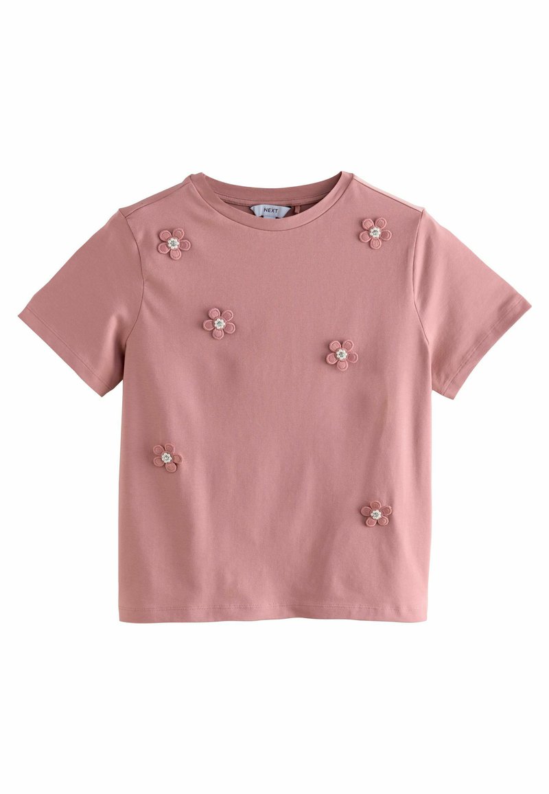 Rosa Kurzarm-T-Shirt aus Baumwollmischung, mit bestickten Blumenakzenten und Edelsteinmitten. Rundhalsausschnitt und lockere Passform.