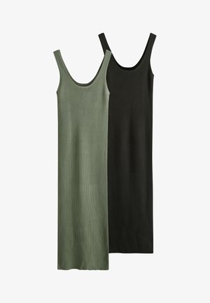 Two ribbed knit sleeveless dresses, one olive green and one black, with scoop necklines and midi length, displayed flat on a white background.
