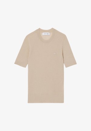 Suéter de punto corto beige con cuello redondo y logo de Lacoste bordado en el pecho izquierdo.