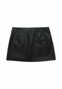 Schwarzer Leder-Minirock mit glatter Textur, zwei vorderen Falten und geradem Saum. Klassische Form mit minimalistischem Design.