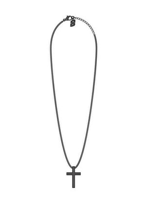 Black metal chain necklace with a plain black cross pendant and a small S-shaped charm near the clasp on a white background.