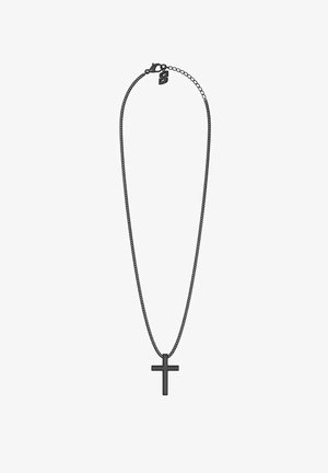 Black metal chain necklace with a plain black cross pendant and a small S-shaped charm near the clasp on a white background.