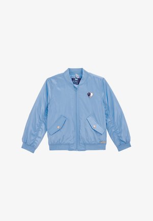 Világoskék bomberdzseki sima, fényes felülettel. Rugalmas mandzsettákkal, oldalsó zsebekkel és szív alakú logóval a mellkason.