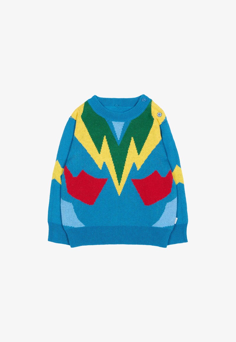 Maglione azzurro brillante lavorato a maglia con motivi a zigzag gialli e verdi, forme rosse sulla parte anteriore, dettagli azzurri chiari e due bottoni vicino al colletto.