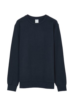 Marineblaues Baumwoll-Sweatshirt, gerippte Textur, Rundhalsausschnitt, lange Ärmel und ein schlichtes Design mit einem dezenten elastischen Saum und Bündchen.