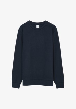 Marineblaues Baumwoll-Sweatshirt, gerippte Textur, Rundhalsausschnitt, lange Ärmel und ein schlichtes Design mit einem dezenten elastischen Saum und Bündchen.