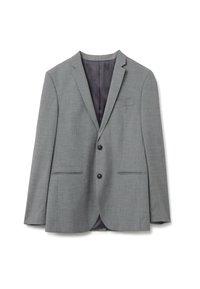 Grijze blazer met een gestructureerde afwerking, twee voorzakken, sluiting met een enkele knoop, ingezette revers en een contrasterende paarse voering aan de binnenkant.