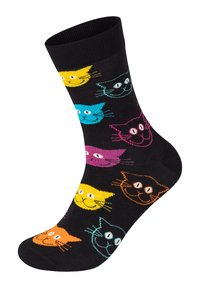 Sorte sokker med farverige katteansigtter i orange, pink, gul, blå og teal. Designet inkluderer skæg og store hvide øjne.