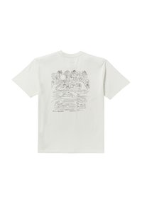 White cotton t-shirt featuring a black line art illustration of palm trees, a sun, and aquatic scenes on the back. Crew neckline, short sleeves.