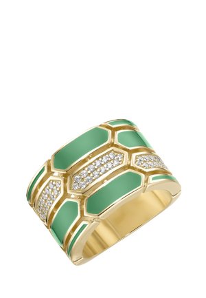 Wide gold ring with green enamel geometric inlays and rows of small clear gemstones set in a repeating pattern.