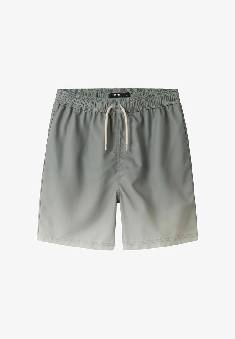 Shorts de bain pour hommes gris clair avec taille élastique et cordon blanc, longueur mi-cuisse, étiquetés "LMTD" à l'intérieur de la taille.